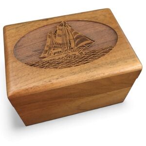 Vintage Lasercraft Walnut Oak Box Ship Sail Business Card Holder Trinket Box